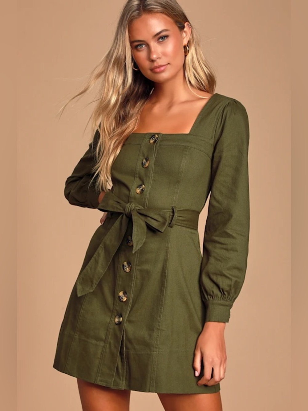 J.O.A. Tayah Olive Green Long Sleeve Button-Up Mini Dress a-line square neck
